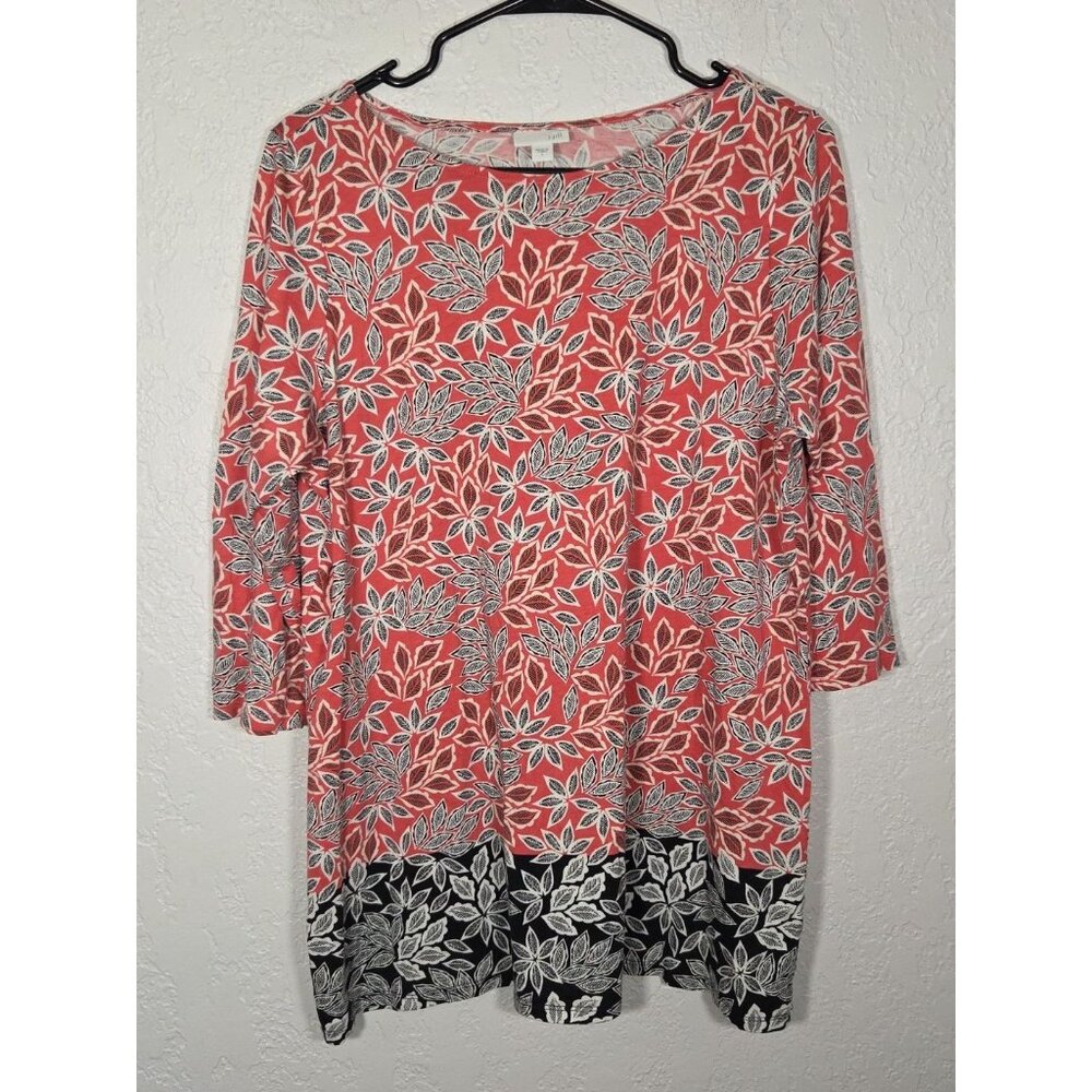 J. JILL All-Over Leaf Print Tunic Top Sz Large Red Cotton/Modal Blend 3/4 Sleeve - Picture 1 of 5